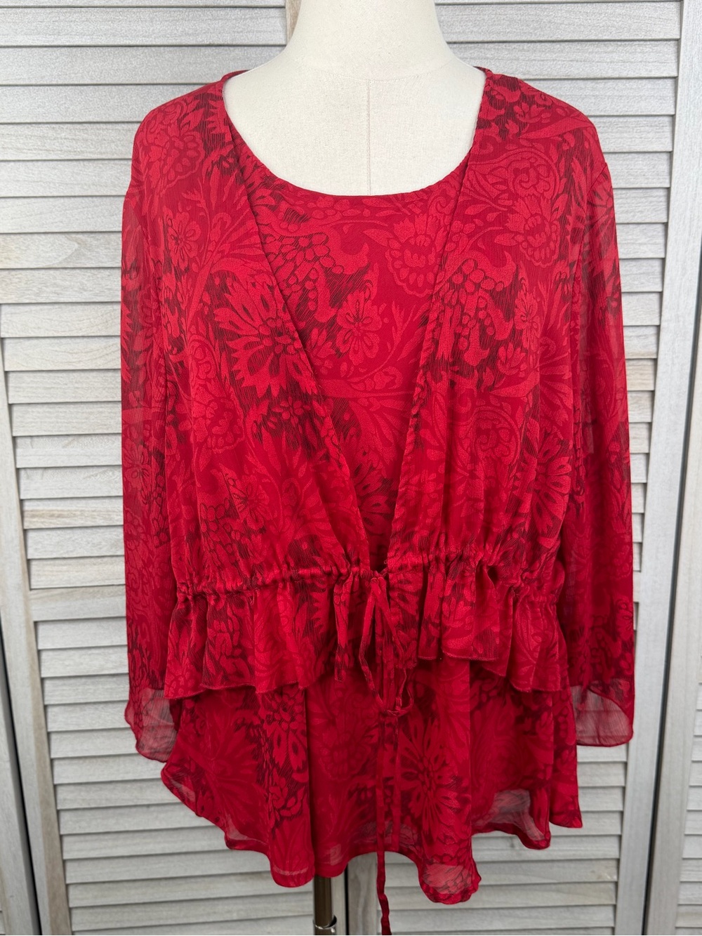 FASHION BUG Vintage Y2K Red Sheer Floral Print Kimono Blouse/Tank Set-22/24